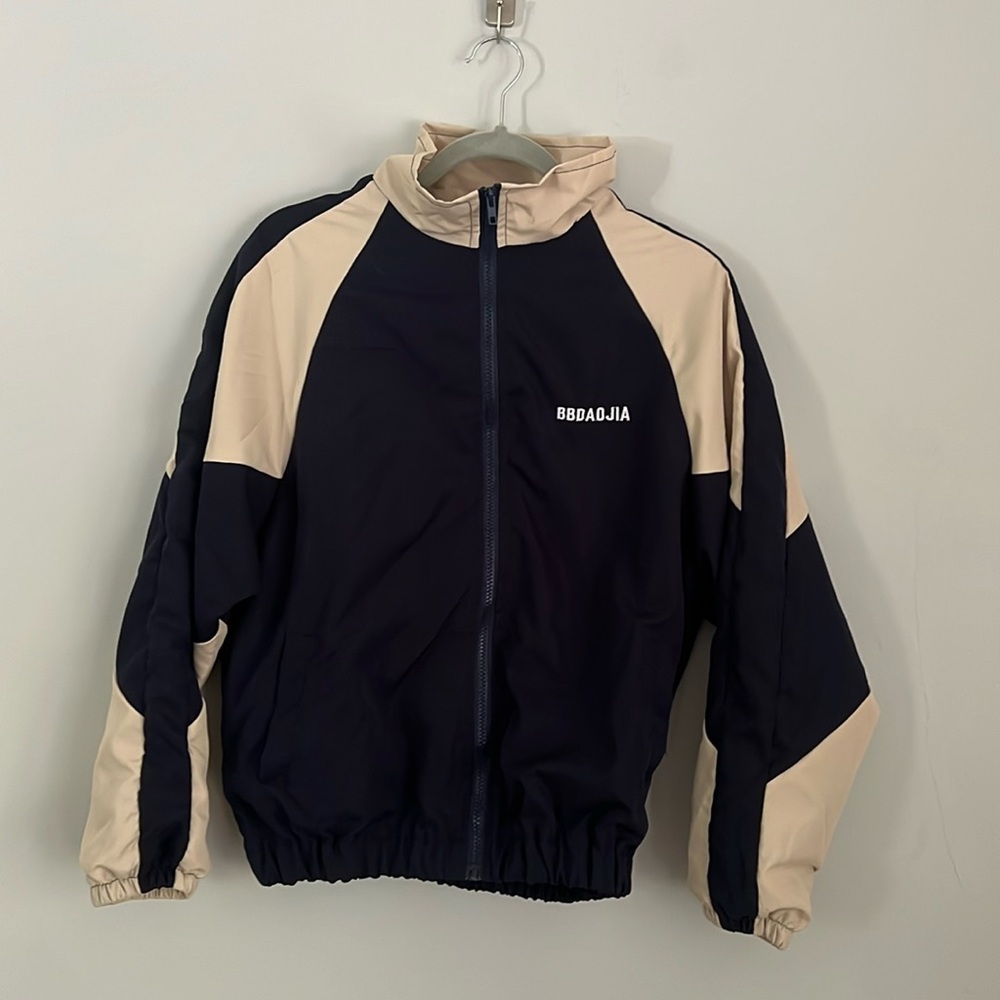 Yesstyle Mock-Neck Two Tone Vintage Style Zip Up Jacket, Navy Blue and beige